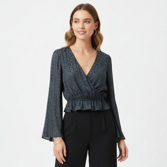 Show Me Your Mumu Black Animal Leopard Print Faux Wrap Blouse Top M - Picture 1 of 7